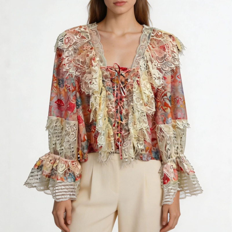 European and American Cross-Border Retro Lace Patchwork Long-Sleeved Shirt for Women, New Summer Style, Printed, Loose, Slimming, Versatile Top