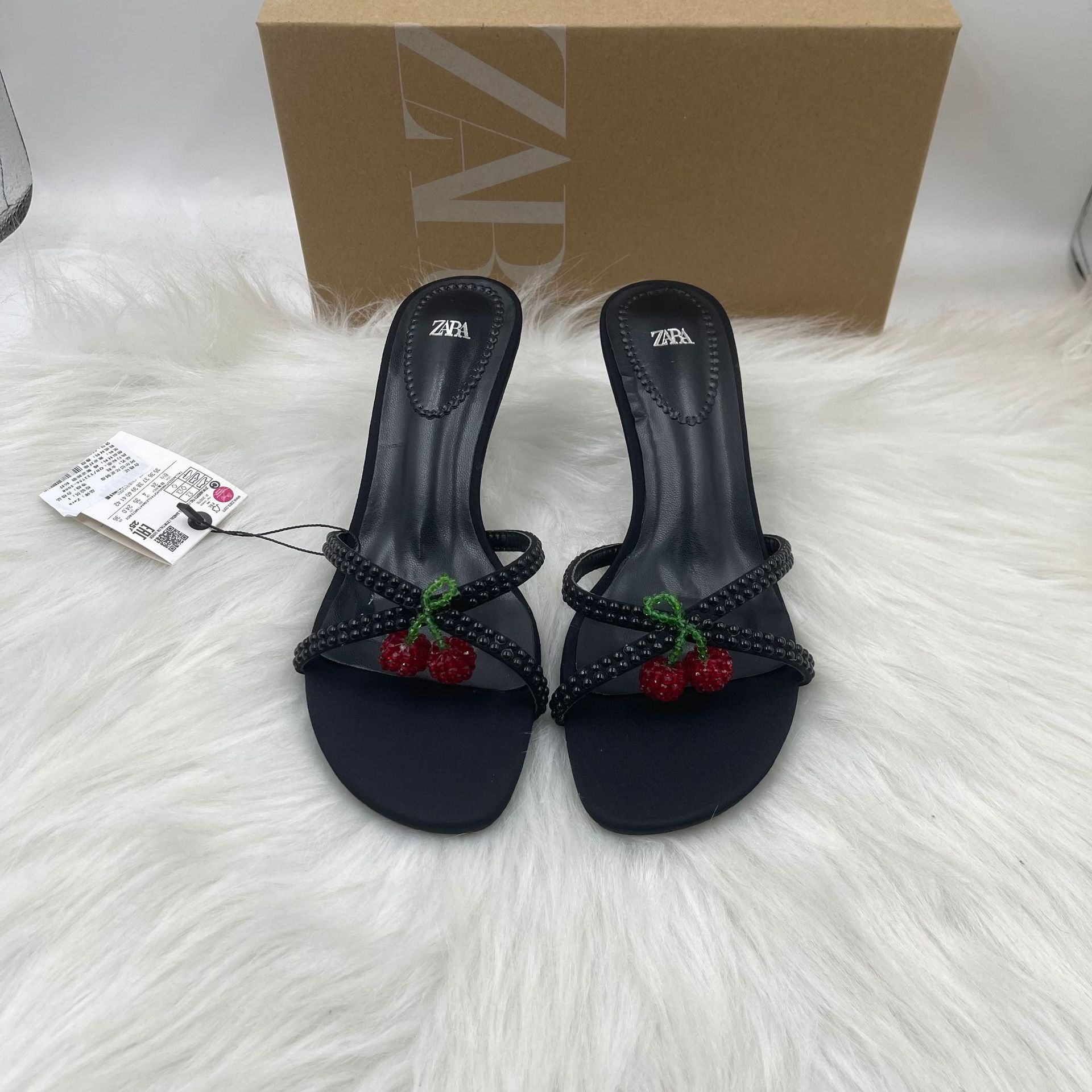 ZA夏季新款黑色水钻樱桃吊坠饰高跟凉鞋女性感细跟时尚露趾凉拖鞋