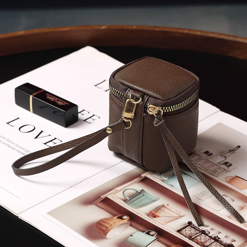 Bolsa de maquillaje de cuero retrógrado, bolso de cambio de lápiz labial, bolso de viaje portátil, barril de almacenamiento personalizado, mini bolso de cambio redondo