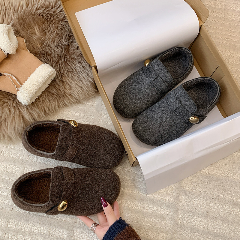 Zapatos Burken gris para mujeres nuevos zapatos de invierno de terciopelo todo incluido aumentando la altura de un pedal de frijoles de oro nuevos zapatos de lana