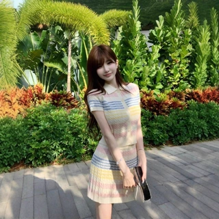 夏季新款甜美风彩色条纹POLO领短袖+半身裙两件套