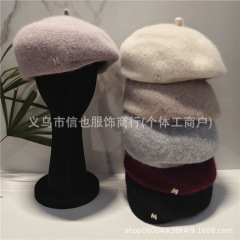 INS秋冬羊毛兔毛混纺贝雷帽水钻M标纯色画家帽八角帽南瓜帽包头帽