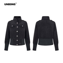 UNBDNS收腰立领毛呢外套女修身显瘦夹克复古通勤百搭上衣螺口拼接