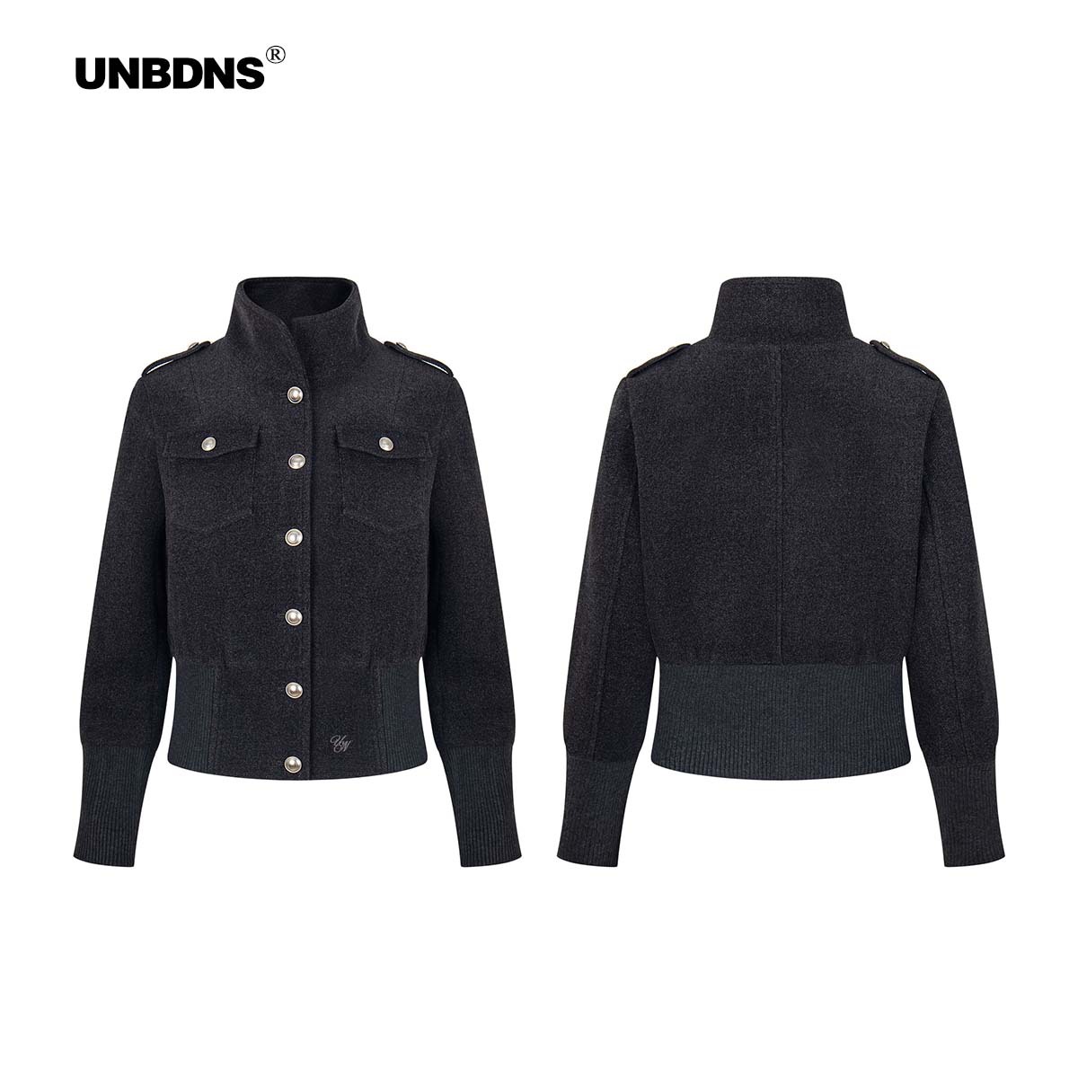 UNBDNS收腰立领毛呢外套女修身显瘦夹克复古通勤百搭上衣螺口拼接