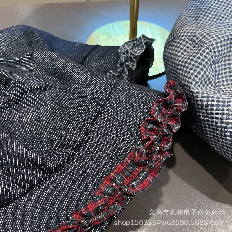 2025新款日系文艺复古格子渔夫帽女秋冬季小众设计感牛仔花边盆帽|undefined