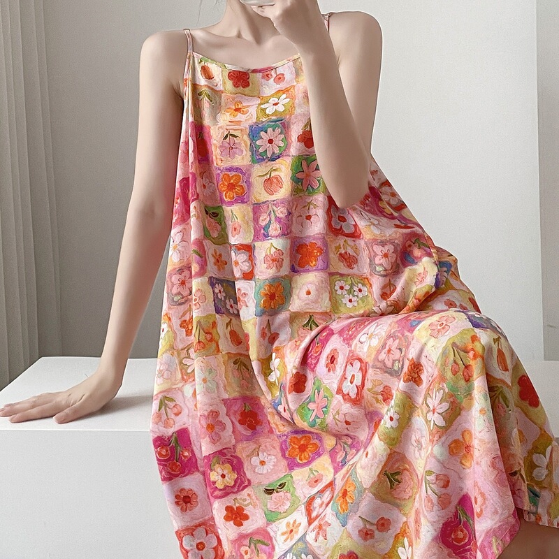 Korean Style Sweet Girl Suspender Nightgown for Women, Summer Sleeveless Floral Print Cotton Silk Dress That Can Be Worn Outside, Thin Korean Style Sweet Girl Suspender Nightgown for Women, Summer Sleeveless Floral Print Cotton Silk Dress That Can Be Worn Outside, Thin