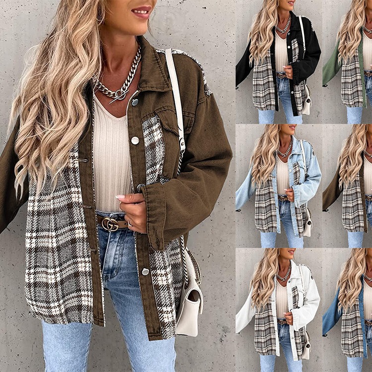 Amazon Independent Station Hot Cross-border Autumn and Winter Denim Jacket Long Sleeve Plaid Button-Up Shirt Jacket Top