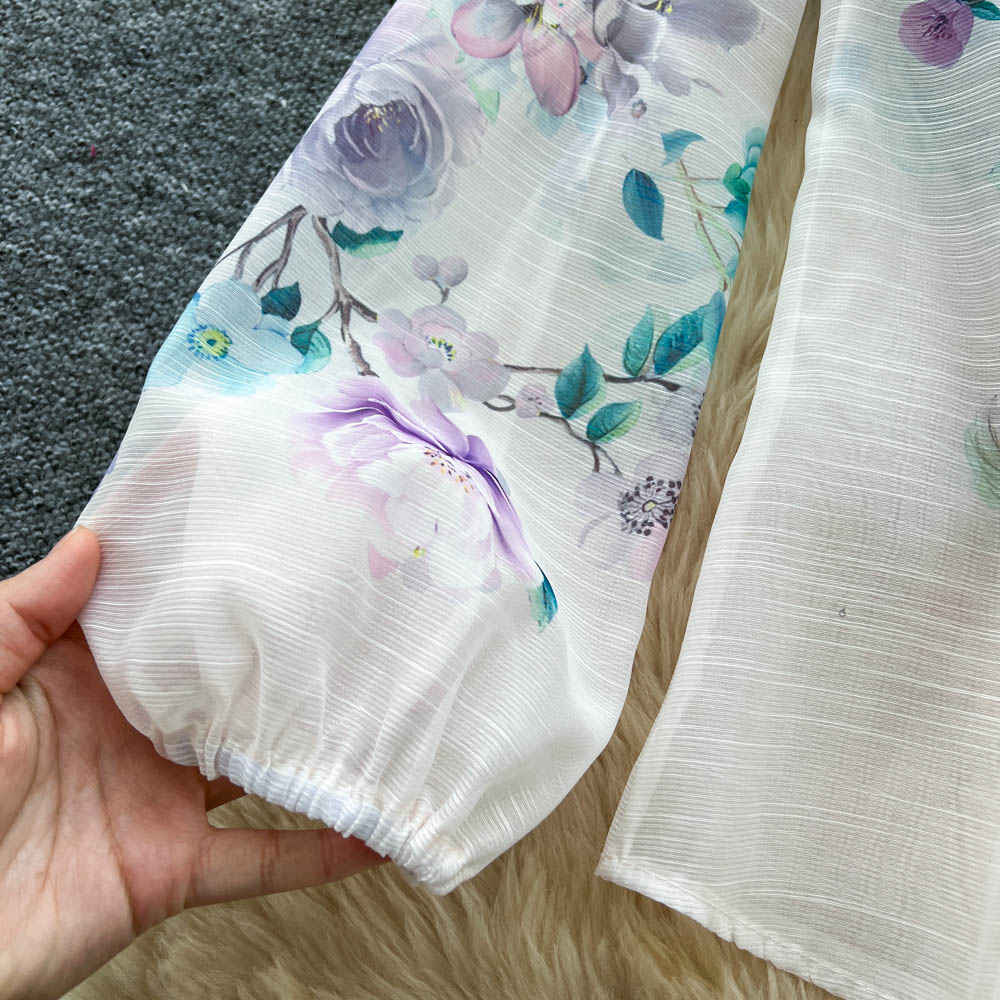 Women's French Retro Floral Print Two Piece Skirt Set Stand Collar Lantern Sleeves Slimming Maxi Skirt Autumn Style_ecoleips.com