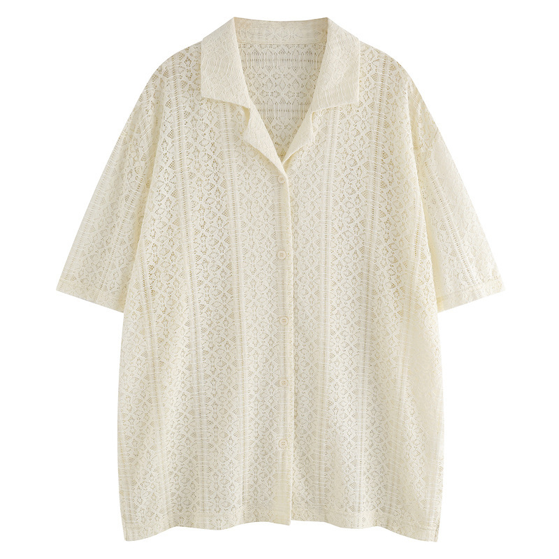 Summer Thin Casual Vacation Breathable Knitted Lace Cuban Collar Layered Shirt Retro Neutral Sun Protection Short Sleeves