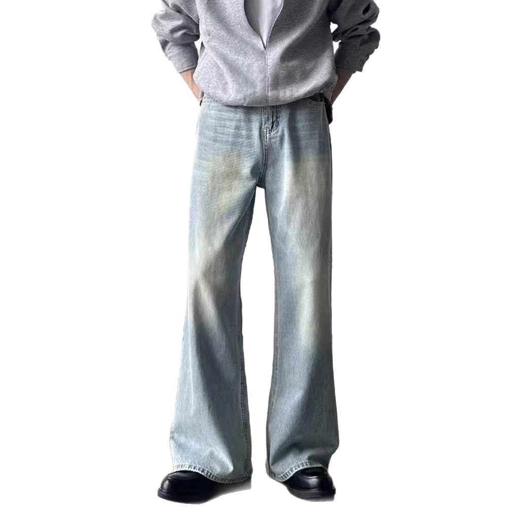 Cleanfit Herren Retro-Jeans, hellblau, locker geschnitten, A-Linie, gerades Bein, weites Bein, mittelschwere Baumwolle, nicht dehnbar_voghion.com