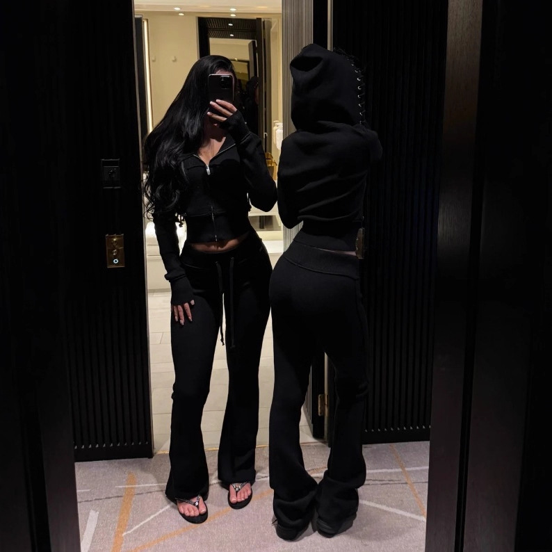 欧美跨境短款连帽拉链卫衣休闲套装y2k女装运动辣妹ins嘻哈街头|undefined