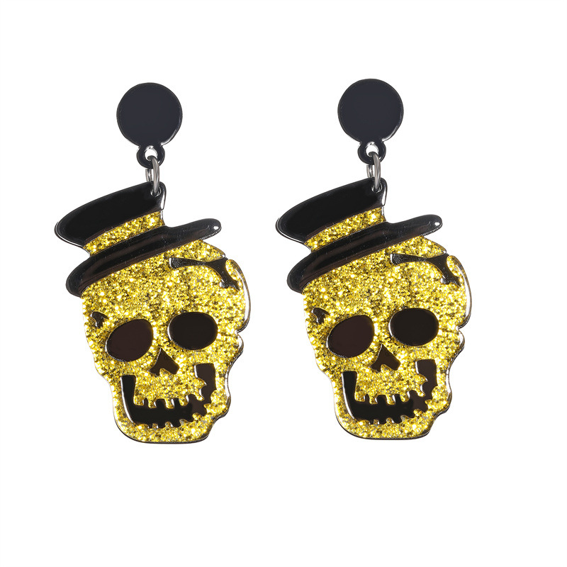 Nuevo Halloween brillante sombrero cráneo pendientes de acrílico pendientes de costura de personalidad de la moda pendientes
