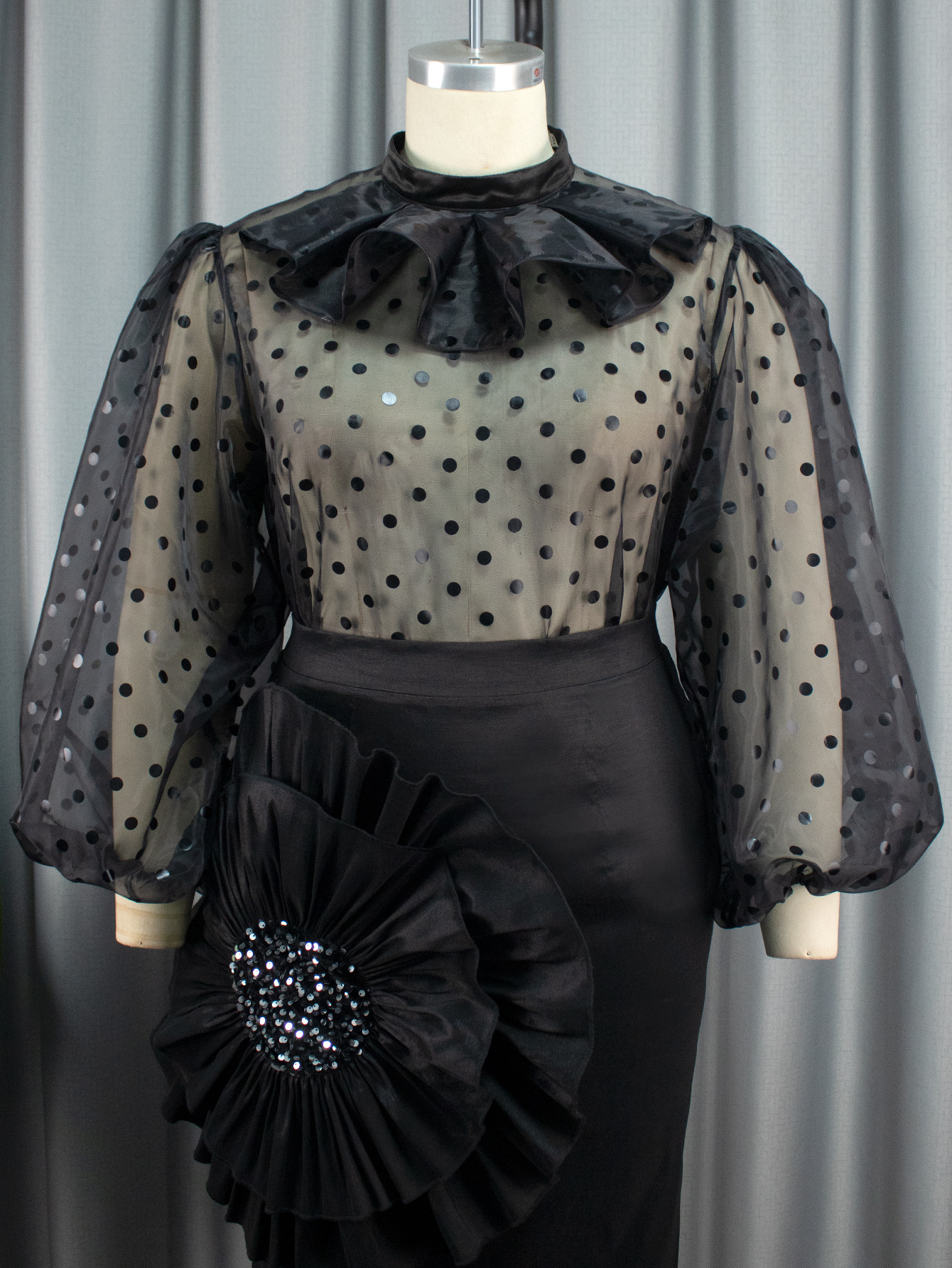 Women's Clothing Sexy see through polka dot mesh blouse suit Three dimensional floral skirt two piece set Two piece set_voghion.com