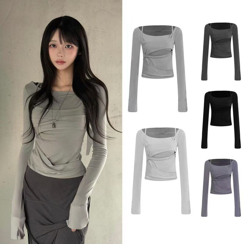 Korean Flareup Spicy Girl Style Irregular Top T-Shirt, Stretchy Slim Fit Layered Fake Two-Piece, Same Style as Guli Nazha
