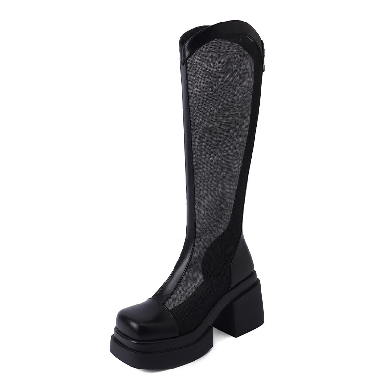 Boot dài vải lưới da thật nữ cao cổ rỗng thoáng khí mùa hè gót cao dáng nhỏ — Màu đen, Màu trắng be