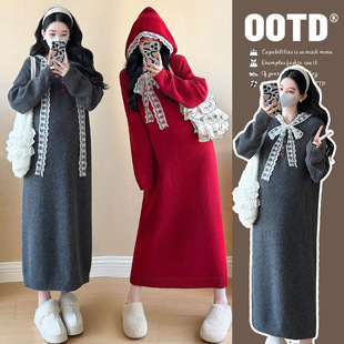 Pregnant Women Autumn and Winter New Design Lace Lace Hooded Knitted dress Hot Mom Western Style Slim Base Sweater
