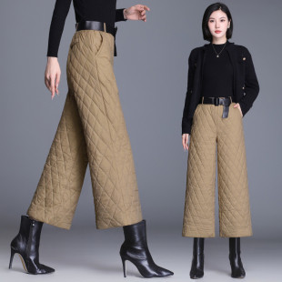 in stock Down Cotton Wide Leg Pants Winter Women's High Waist Loose Warm Thickened Cropped Down Pants