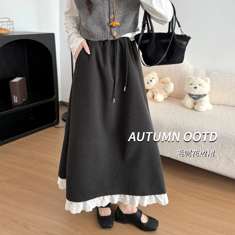 毛呢花边半身裙女秋冬新款中长款高腰a字伞裙垂感显瘦拼接长裙子