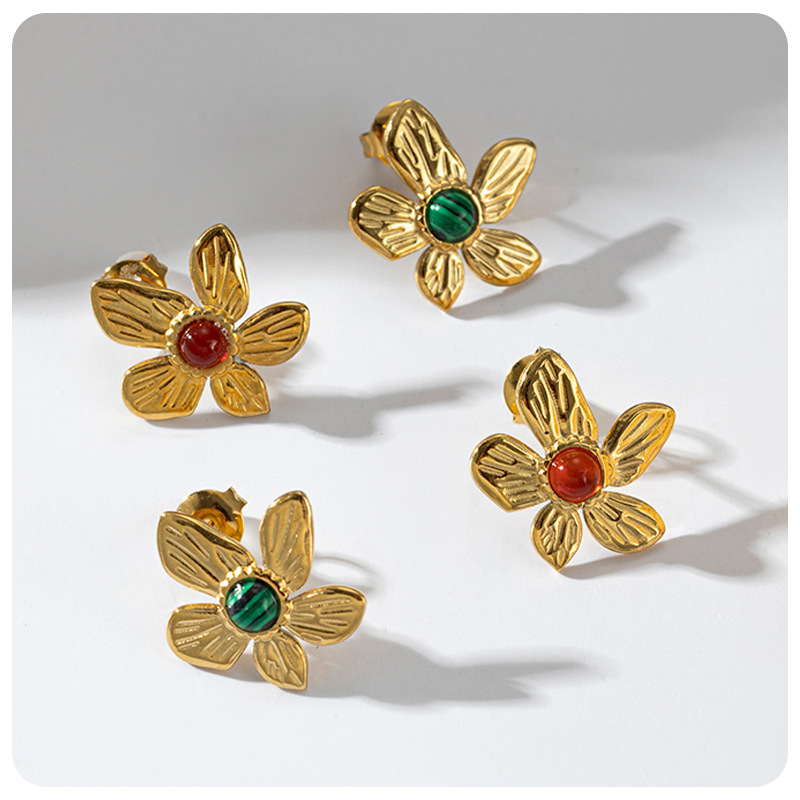 1 Par Estilo Vintage Flor Enchapado Acero Inoxidable 304 Malaquita Ágata Pendientes display picture 4