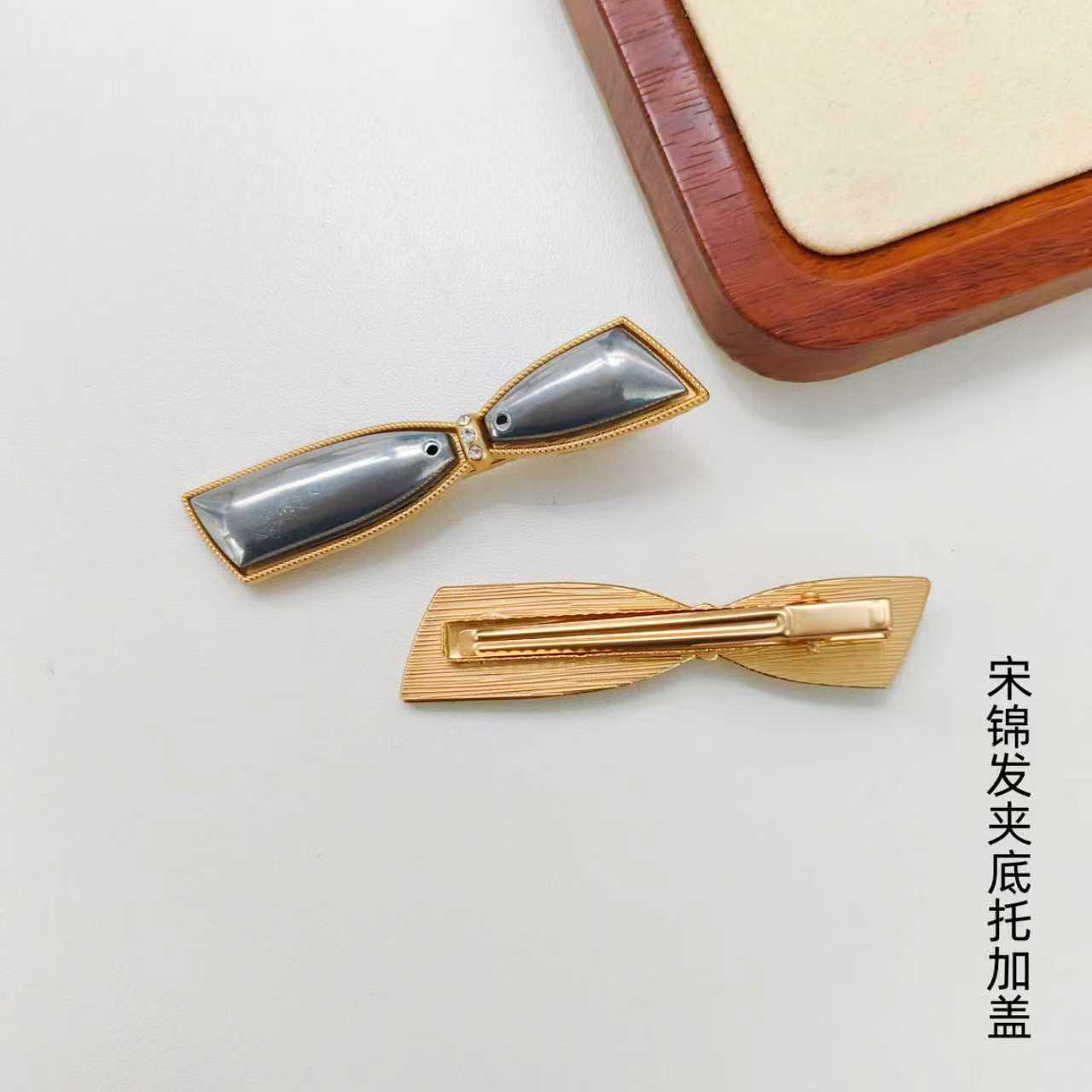 非遗宋锦发夹哑金带钻细长蝴蝶结发夹复古小众轻奢高级感发夹发饰