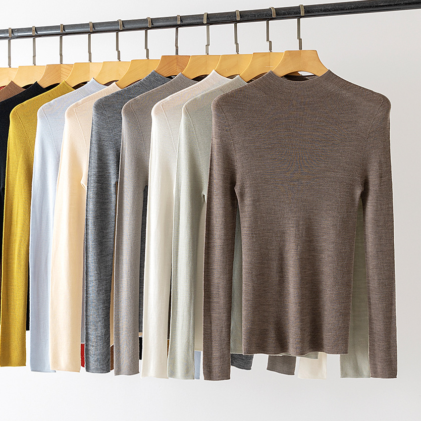 Seamless One-Piece 60-Count Thin Pure Wool Half-Turtleneck Long-Sleeve Women's Knitted Base Shirt, New Early Autumn Model
