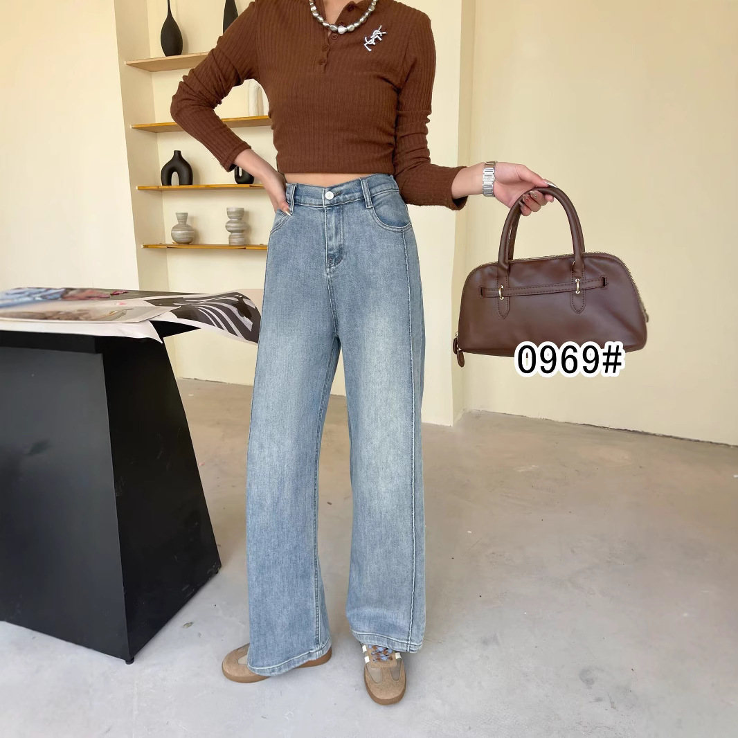 High waist narrow version straight jeans for women with large size fat MM2025 spring new loose wide-leg floor pants 0969