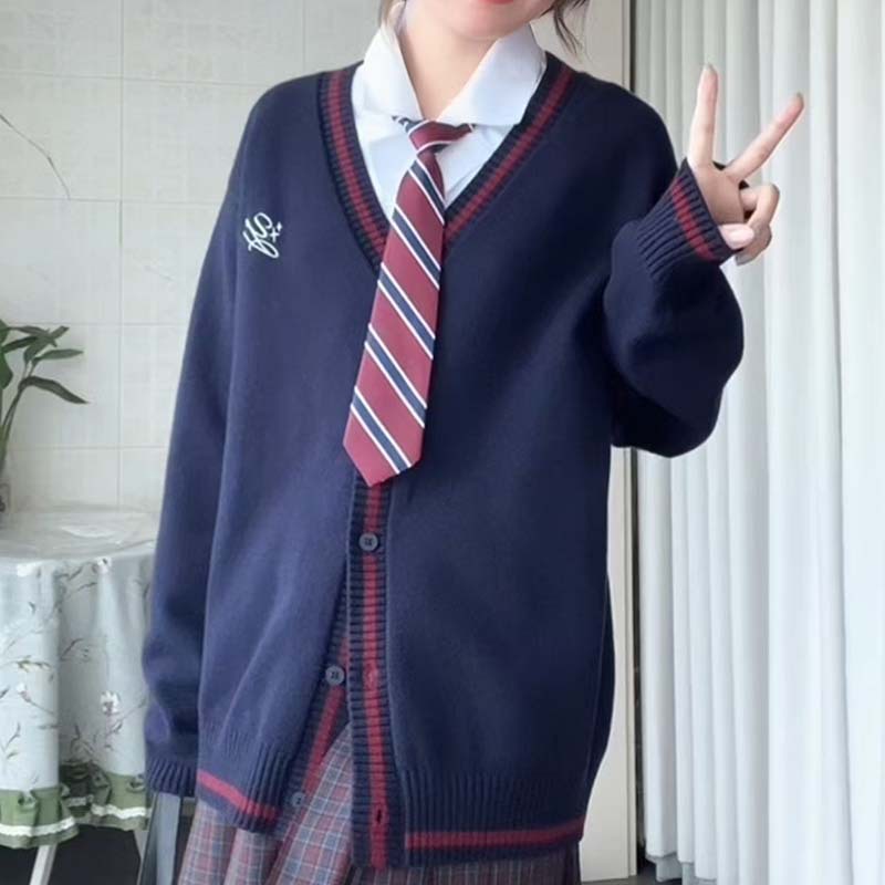 (2개) JK-DK 원래 대학 스타일 니트 시안 카디건 스웨터 가을, 겨울 따뜻한 자수 일본식 부드러운 소녀