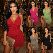 2022欧美吊带高腰绑带裙聚会party连衣裙纯色吊带包臀裙