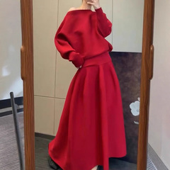 红色休闲针织套装女一字领蝙蝠长袖上衣高腰A字花苞半身裙两件套