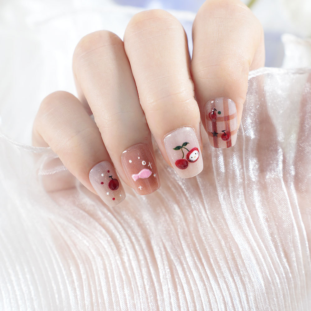 Cross-Border Popular Ins Style Cute Plaid Cherry Pattern Red Sweet Style Nail Art Patch Ready for Sale