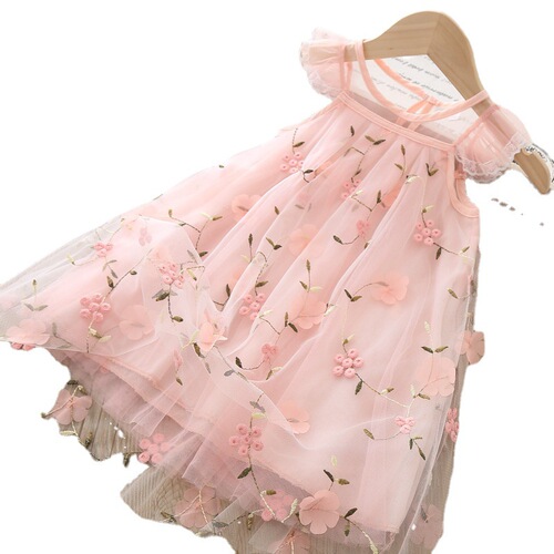 474 Summer Korean Version Girls Embroidered Lace Net Dress for Baby Girls Super Stylish Gown Princess Dress
