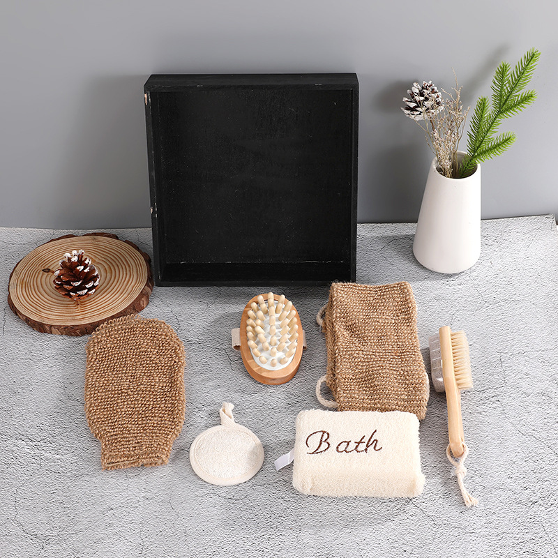 Traje de baño de seis piezas guantes de yute frotando barro tira hacia atrás regalo baño caja de regalo Loofah rebanadas traje de baño image 4