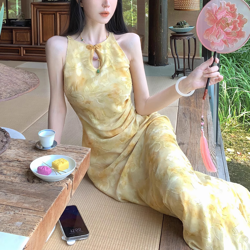 [春志唐信] 民族風の新しい中国風の花柄ショルダーカット改良チャイナドレスミドル丈ドレス気質優しい婦人服|undefined