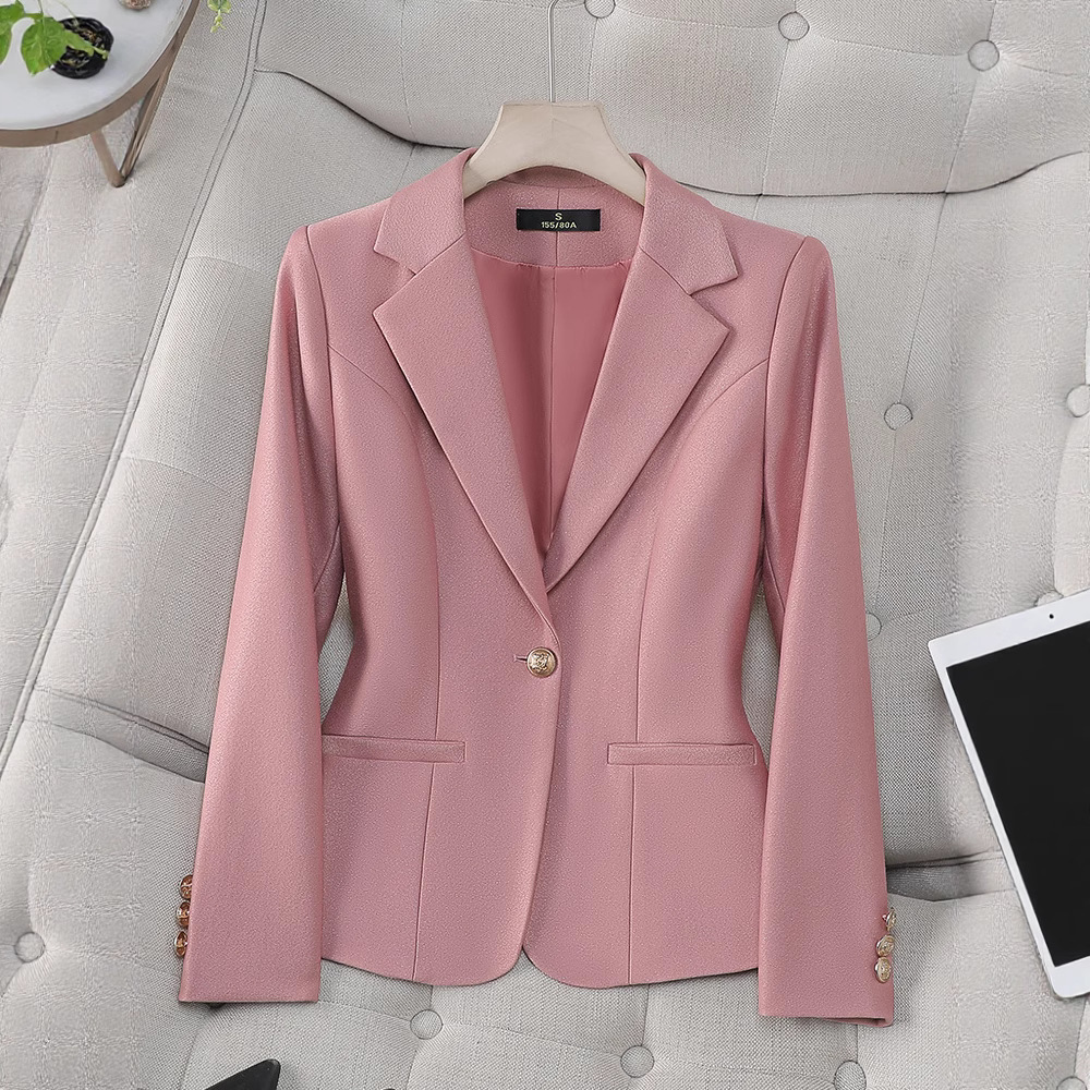 粉色长袖小西装领外套女春秋冬季2025年新款时尚气质职业休闲通勤