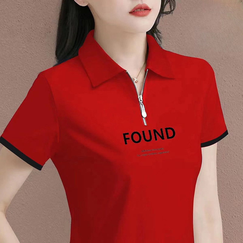 Contrast Color Chic Sports Zipper T-shirt Women's Summer polo Mother's Large Size Western Style Top Casual Elegant T-shirt