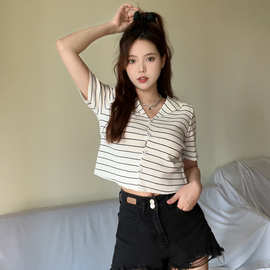 条纹翻领V领短袖短款时尚开衫上衣百搭女小个子设计感显瘦