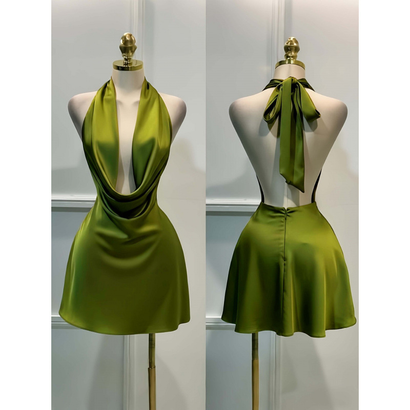 Ready-To-Wear Foreign Trade Label Size Women's Solid Color Satin Back Zipper Open-Back Fitted Dress for Vacation Party Evening