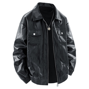 Men's Lapel Leather Jacket Men's Spring & Fall American Trendy Versatile Trendy Brand Multi-Flap Pocket Pants Pu Leather Jacket