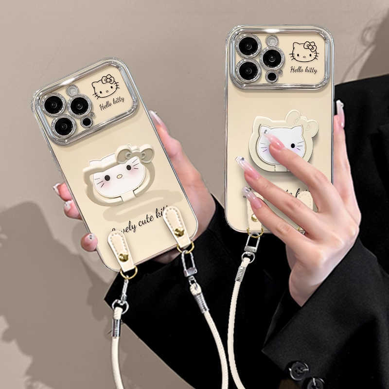 Cat Stand Suitable for Apple 17 Mobile Phone Case Electroplated Large Window 16Promax Stylish 14 Cute 13 Lanyard for Women