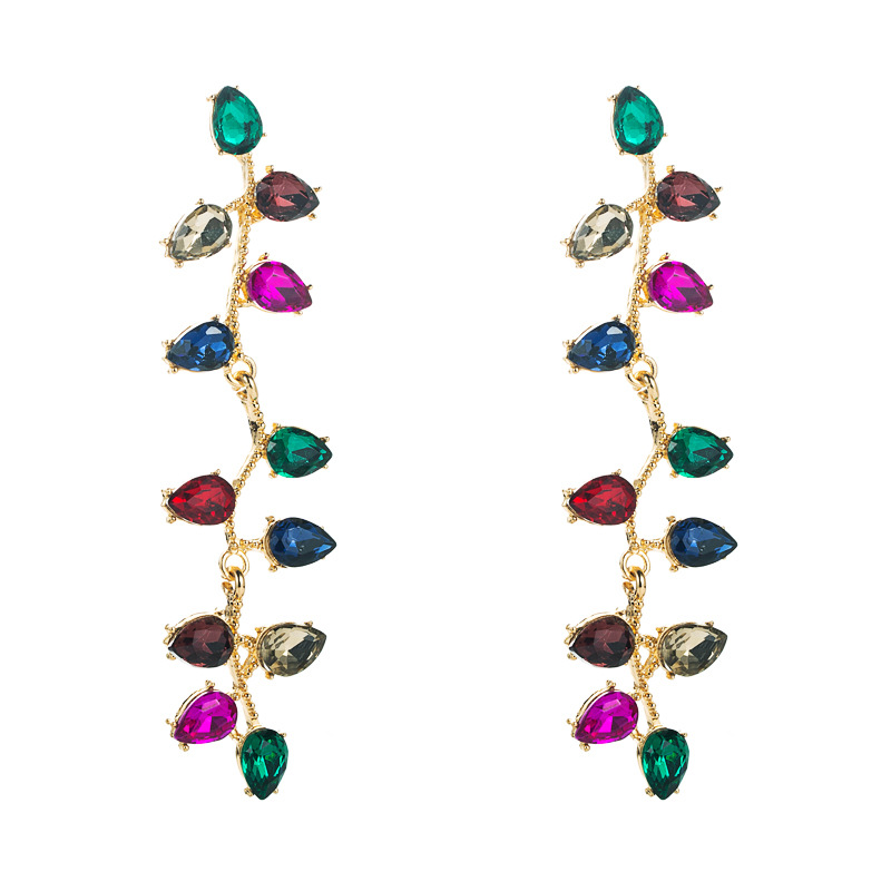 Fashion Color Diamond Alloy Diamond Drop-shaped Glass Diamond Long Leaf Flower Fashion Earrings Wholesale display picture 8