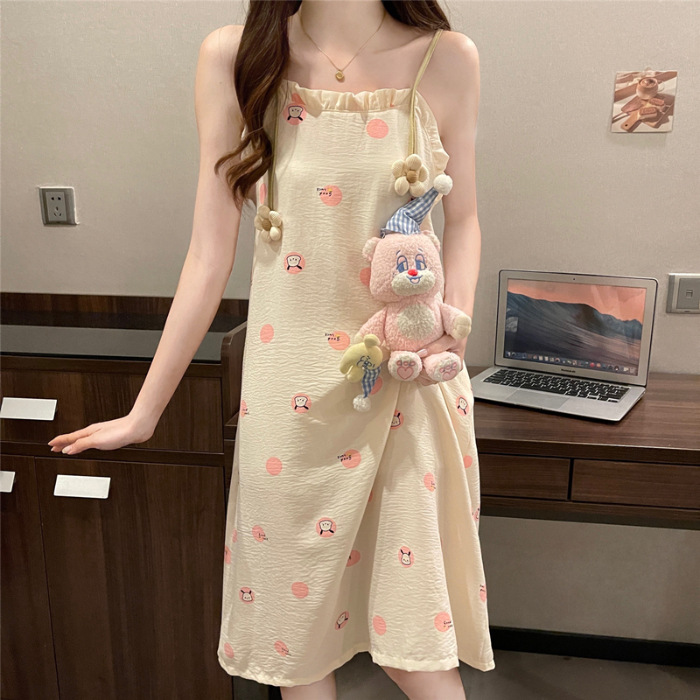 Pijama de mujer de verano dulce chaleco de cinturón de pecho tejido de algodón espuma tela arrugada pijama de mujer de verano vestido lindo