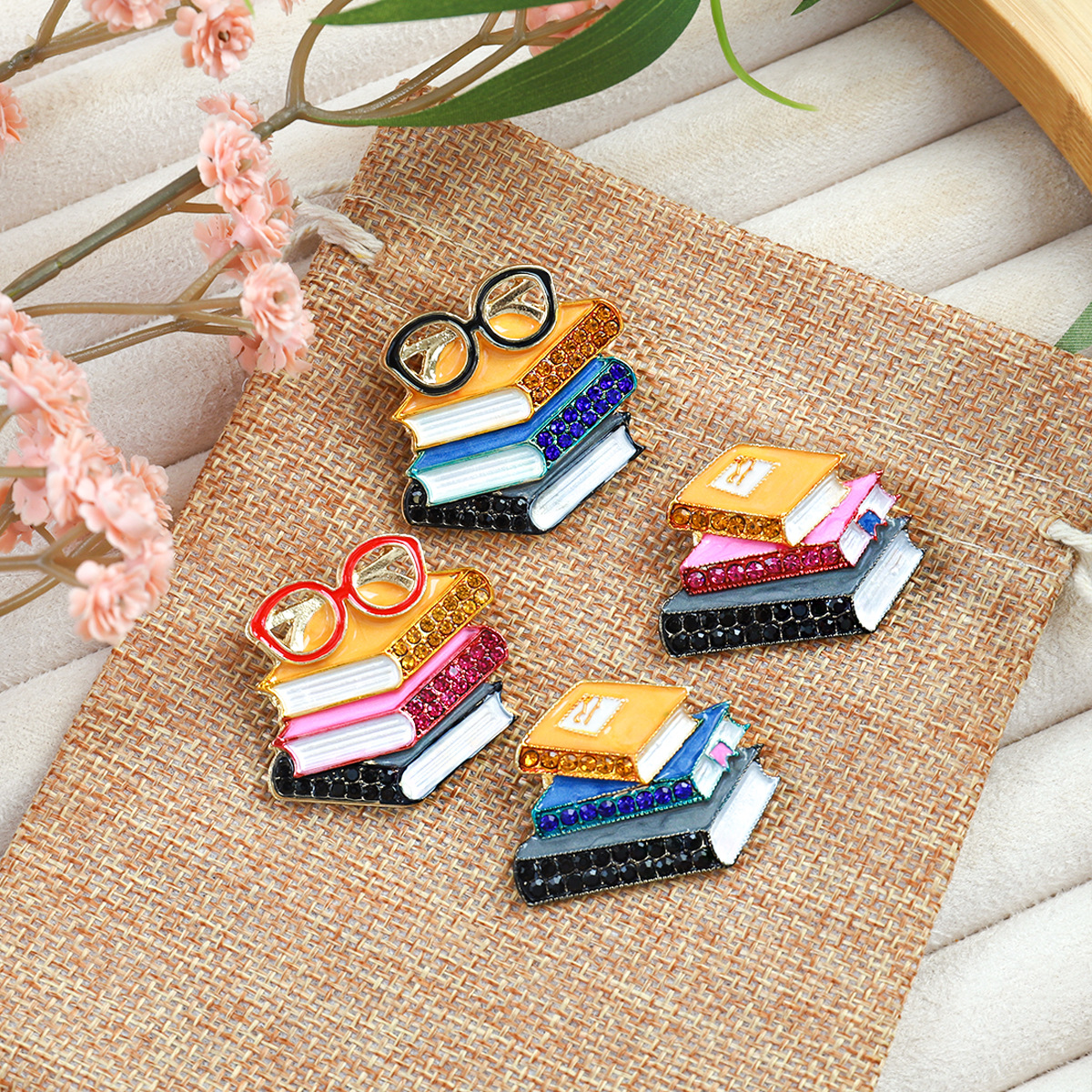 European and American New Enamel Rhinestone Three-Book Shaped Brooch Creative Pin Trendy Unisex Clothing Accessory Brooch Jewelry
