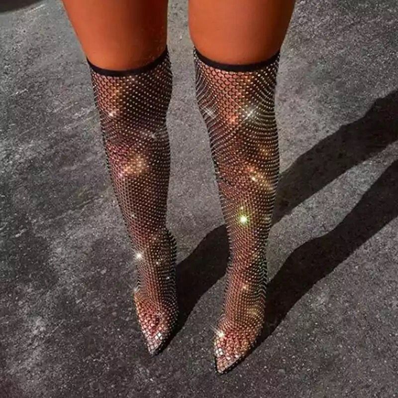 Stage Performance Cool Boots European and American Large Size Over-the-Knee Boots Women's Summer Rhinestone Pointed High Heel Long High Socks Boots
