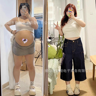 Plus Size Black Plaid Patchwork Large Pocket Denim Shorts for Women, Vintage Slimming Petite Wide-Leg Cropped Pants