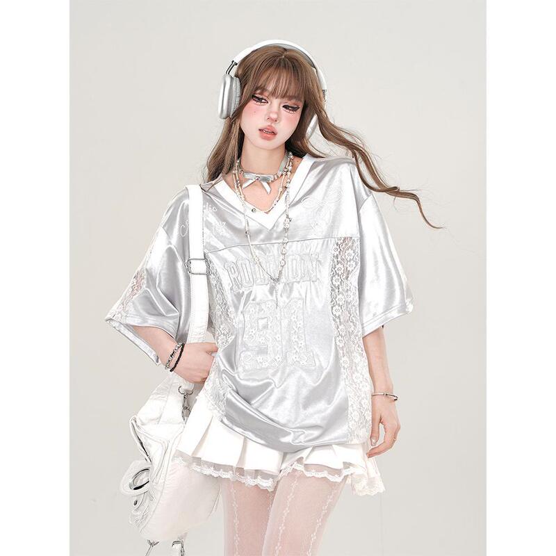 American Style Retro Stitching White V-neck Lace Shoulder Short Sleeve T-shirt Women's Summer New Loose Sports Couple Top