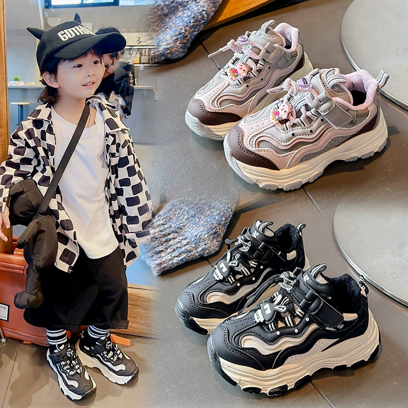 Обувь для мальчиков 2023 осенне-зимняя новая кожаная Нескользящая двуххлопковая флисовая подкладка, Детская Молодежная обувь среднего и большого размера, обувь для пап для девочек