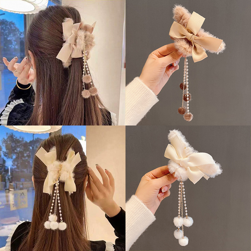Internet Celebrity 2021 New Autumn and Winter Clip Headwear Plush Bow Tassel Hairpin Back of Head Grabber Female Hairpin