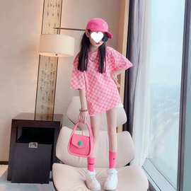 现货代发女童夏装宽松短袖T恤2022夏季中大童格子印花韩版上衣潮