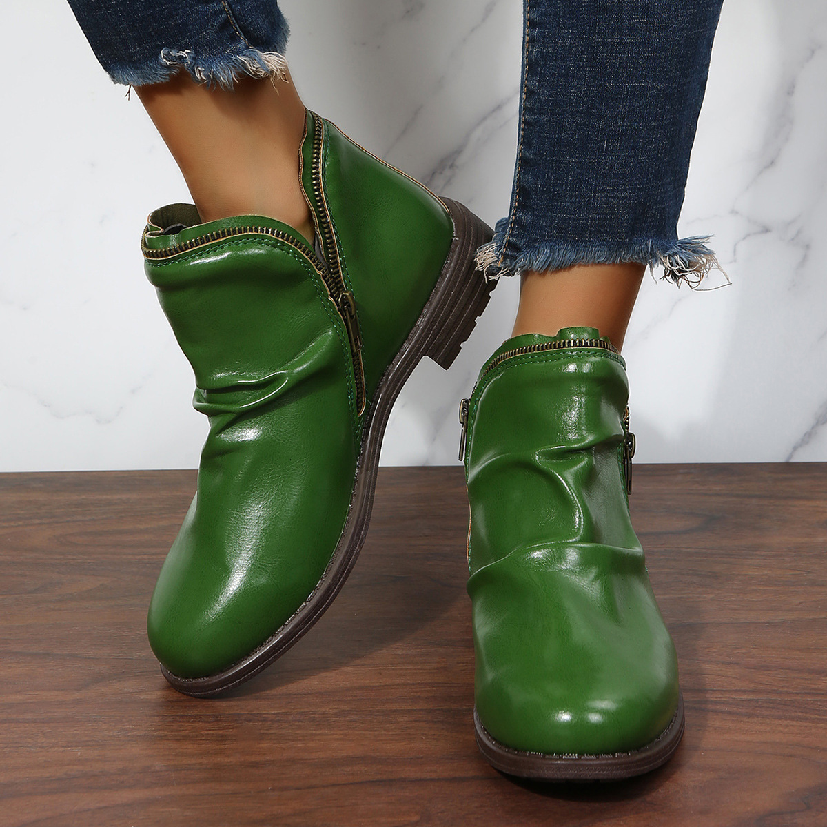 New low heel chunky round toe double zipper boots for women_voghion.com