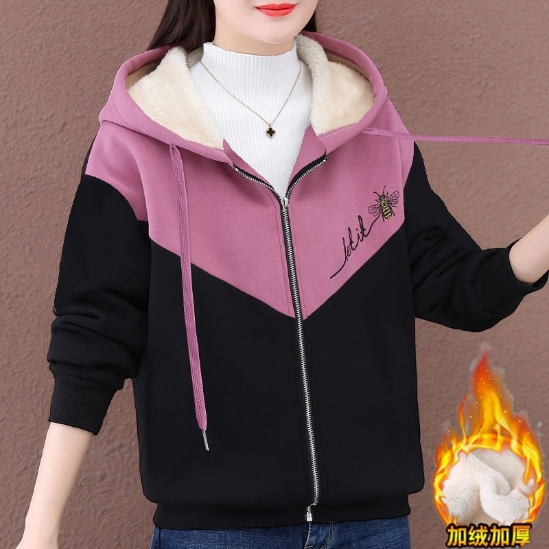 Autumn and Winter New fleece-lined Thickened plus size Loose Women's Warm Contrast Color Hooded Zipper Sweatshirt Coat Women's Top